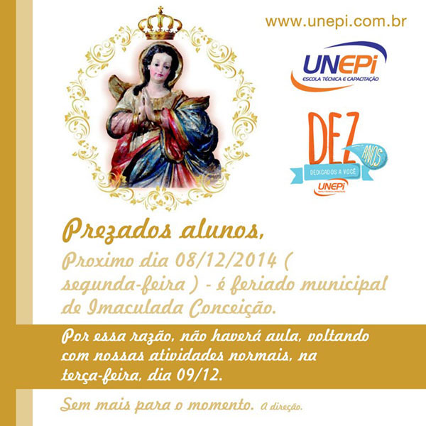 Dia 08 de Dezembro -  Feriado Municipal